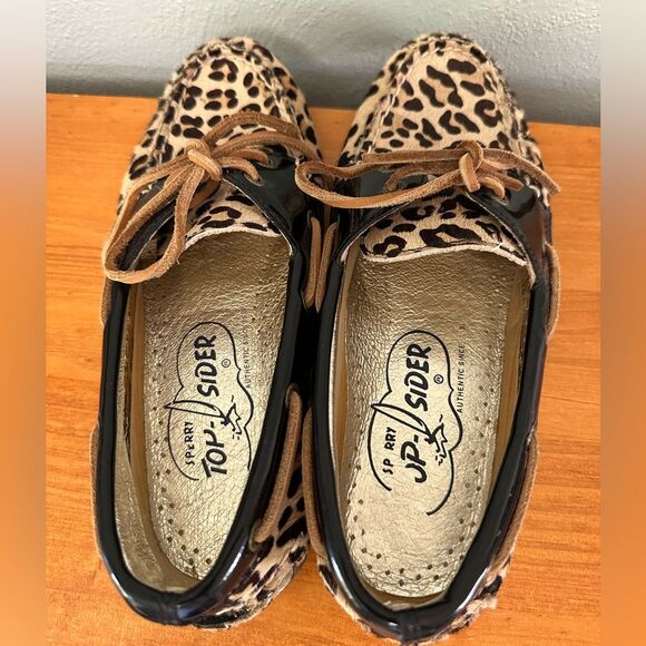 Sperry Top Sider Calf Hair Leopard Boat Shoes Dark Brown Patent Leather Size 7 - Picture 5 of 8